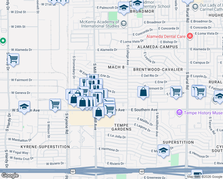 map of restaurants, bars, coffee shops, grocery stores, and more near 115 East Fairmont Drive in Tempe