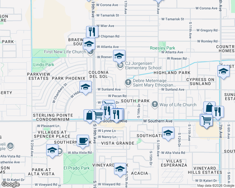 map of restaurants, bars, coffee shops, grocery stores, and more near 5453 South 17th Lane in Phoenix