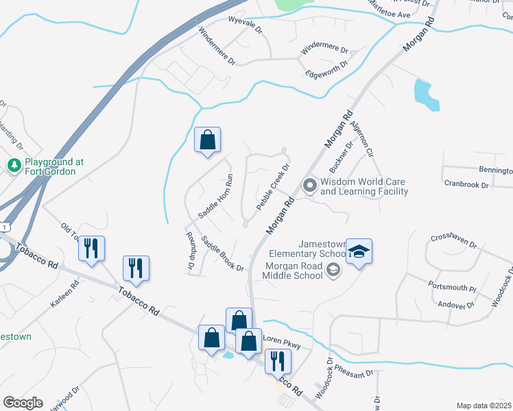 map of restaurants, bars, coffee shops, grocery stores, and more near 2801 Ridgecrest Drive in Hephzibah
