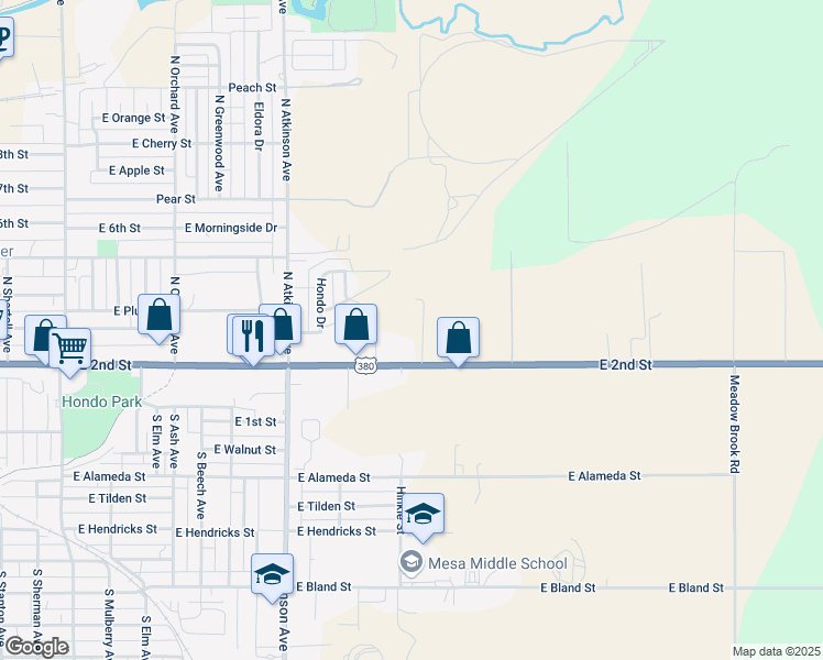 map of restaurants, bars, coffee shops, grocery stores, and more near 1601 East 2nd Street in Roswell