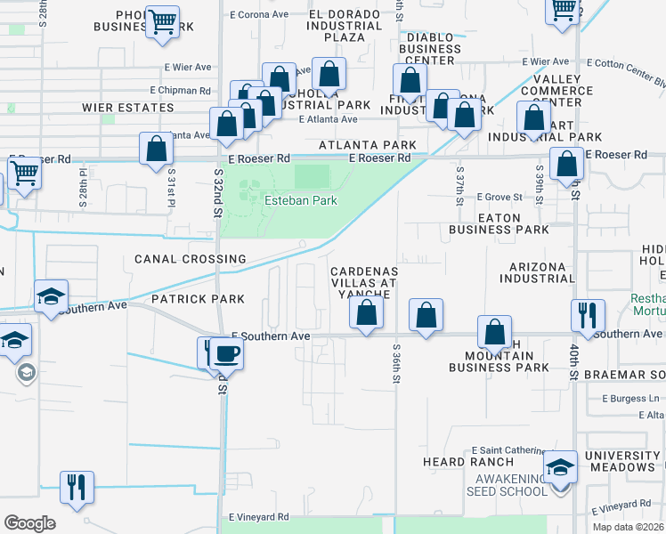 map of restaurants, bars, coffee shops, grocery stores, and more near 3486 East San Francisco Drive in Phoenix