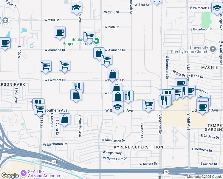 map of restaurants, bars, coffee shops, grocery stores, and more near 841 West Fairmont Drive in Tempe