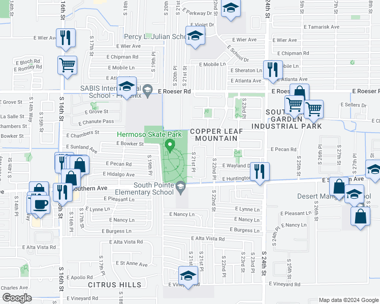 map of restaurants, bars, coffee shops, grocery stores, and more near 5614 South 21st Place in Phoenix
