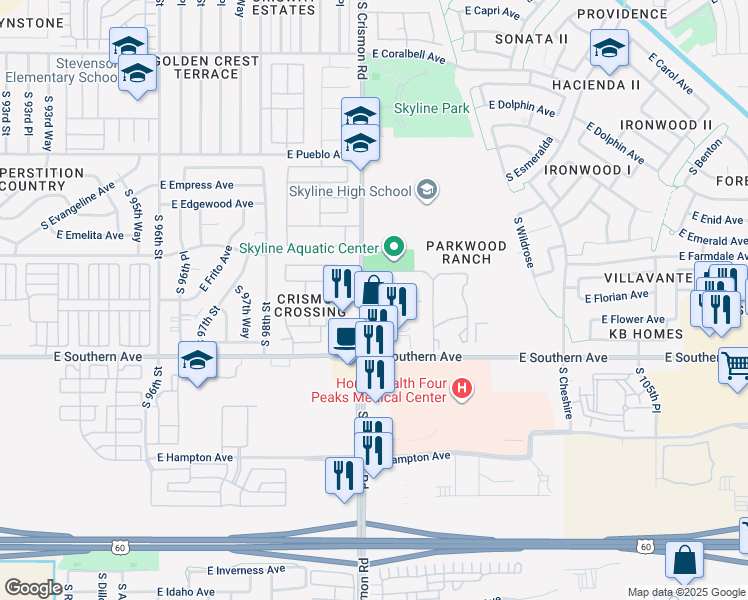 map of restaurants, bars, coffee shops, grocery stores, and more near 1103 South Crismon Road in Mesa