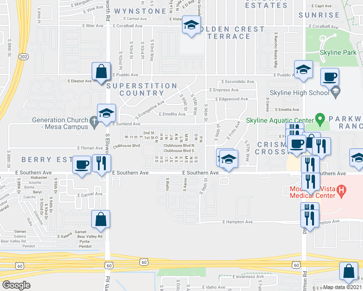 map of restaurants, bars, coffee shops, grocery stores, and more near L North in Mesa