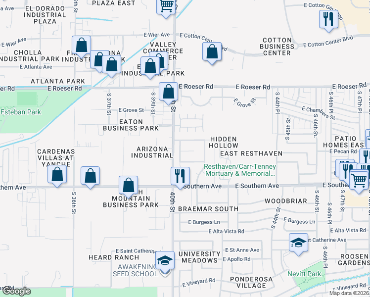 map of restaurants, bars, coffee shops, grocery stores, and more near 4020 East Sunland Avenue in Phoenix