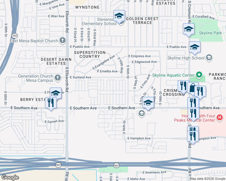 map of restaurants, bars, coffee shops, grocery stores, and more near L North in Mesa