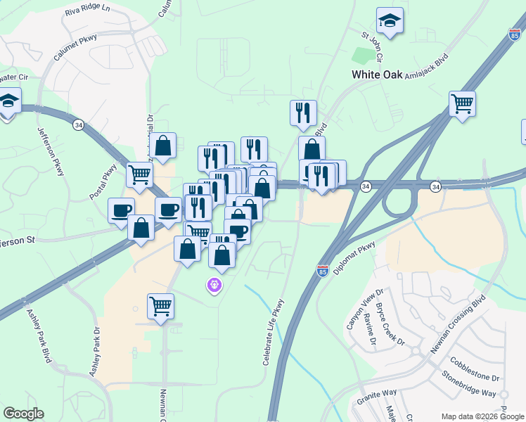 map of restaurants, bars, coffee shops, grocery stores, and more near 591 Bullsboro Drive in Newnan