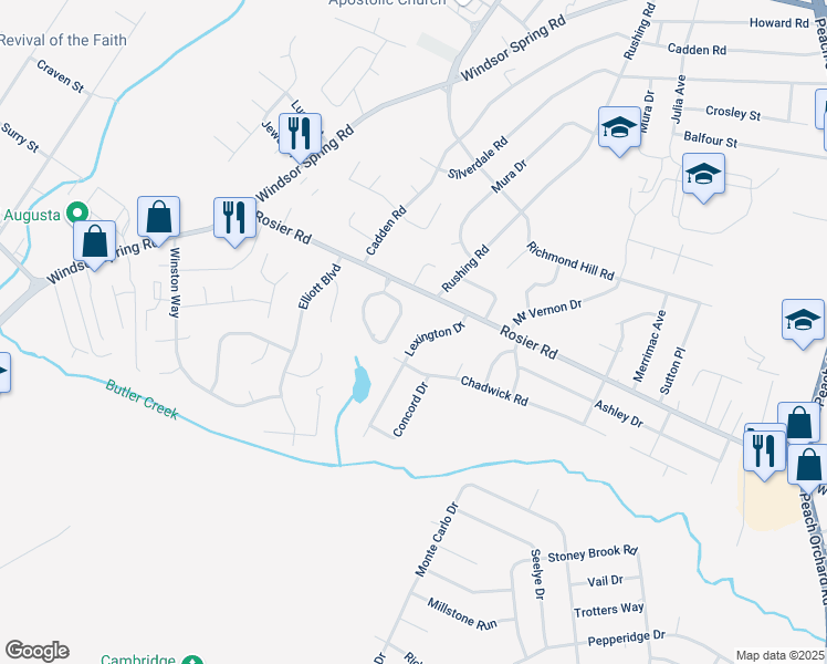 map of restaurants, bars, coffee shops, grocery stores, and more near 3615 Lexington Drive in Augusta