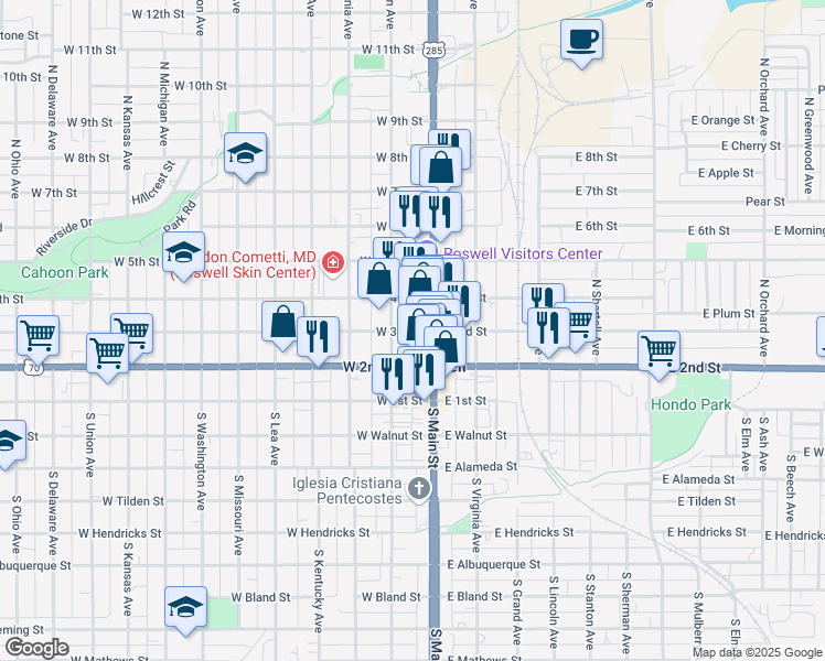 map of restaurants, bars, coffee shops, grocery stores, and more near 316 North Main Street in Roswell