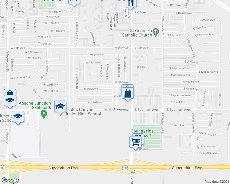 map of restaurants, bars, coffee shops, grocery stores, and more near 230 West 21st Avenue in Apache Junction