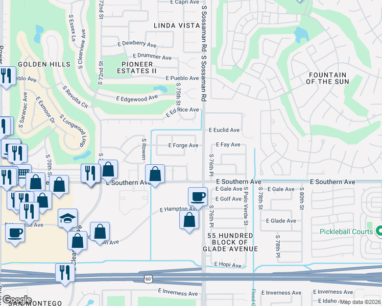 map of restaurants, bars, coffee shops, grocery stores, and more near 7530 East Forge Avenue in Mesa