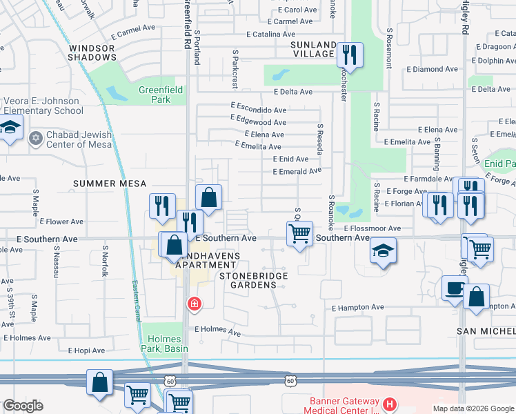map of restaurants, bars, coffee shops, grocery stores, and more near 4566 East Florian Circle in Mesa