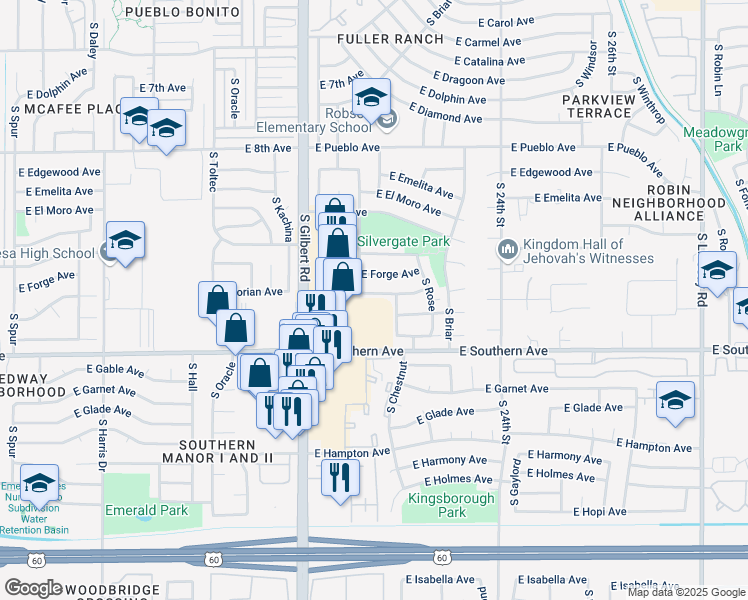 map of restaurants, bars, coffee shops, grocery stores, and more near 1040 South 21st Street in Mesa