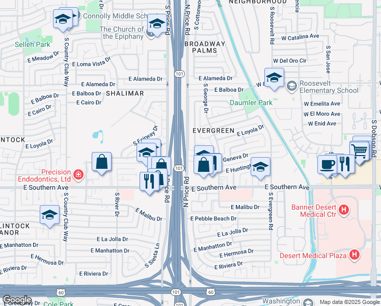 map of restaurants, bars, coffee shops, grocery stores, and more near 2303 East Loyola Drive in Tempe