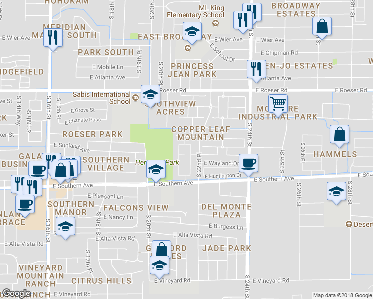 map of restaurants, bars, coffee shops, grocery stores, and more near 5620 South 21st Terrace in Phoenix