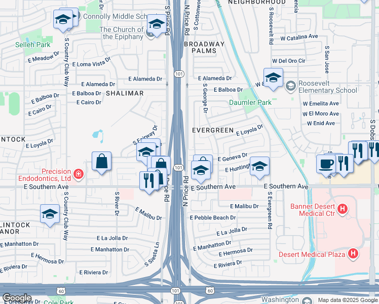 map of restaurants, bars, coffee shops, grocery stores, and more near 2303 East Loyola Drive in Tempe