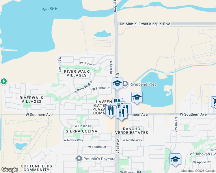 map of restaurants, bars, coffee shops, grocery stores, and more near 5120 West Fraktur Road in Phoenix