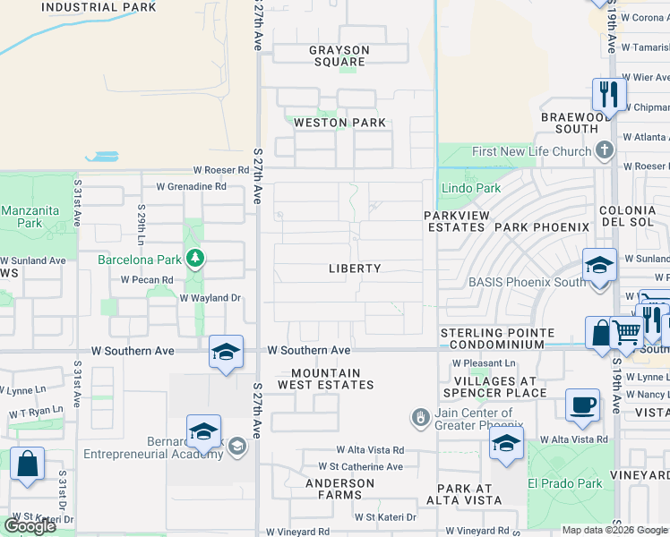 map of restaurants, bars, coffee shops, grocery stores, and more near 2515 West Sunland Avenue in Phoenix