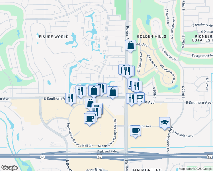 map of restaurants, bars, coffee shops, grocery stores, and more near 908 South Power Road in Mesa