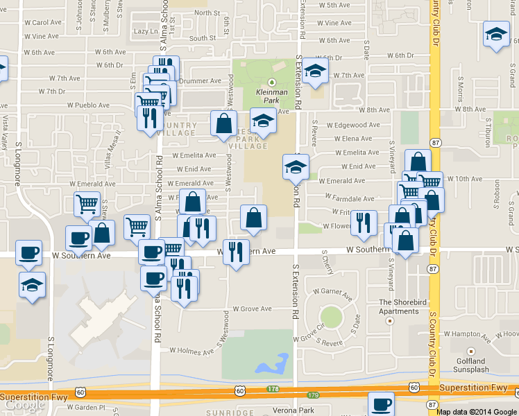 map of restaurants, bars, coffee shops, grocery stores, and more near 1031 South Nina Drive in Mesa