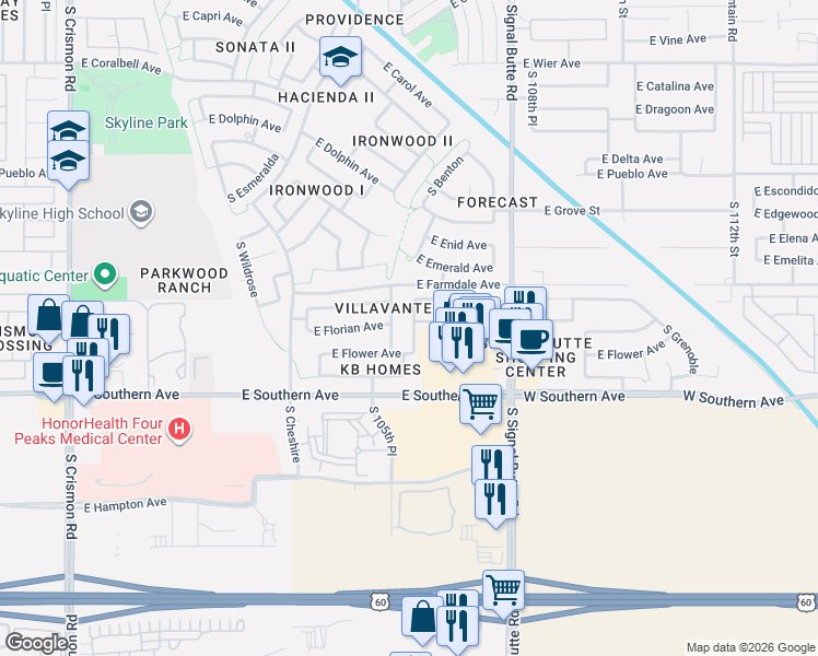map of restaurants, bars, coffee shops, grocery stores, and more near 10636 East Florian Avenue in Mesa