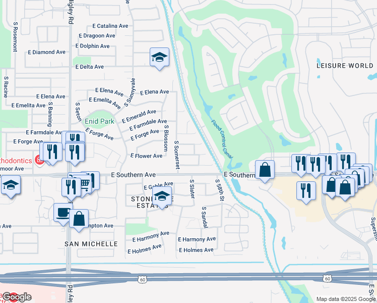map of restaurants, bars, coffee shops, grocery stores, and more near 5637 East Florian Avenue in Mesa