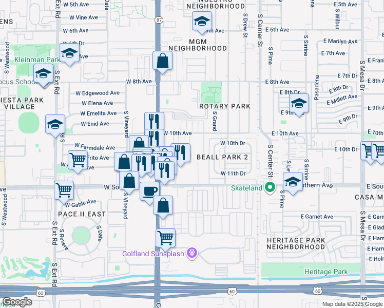 map of restaurants, bars, coffee shops, grocery stores, and more near 233 West 10th Place in Mesa