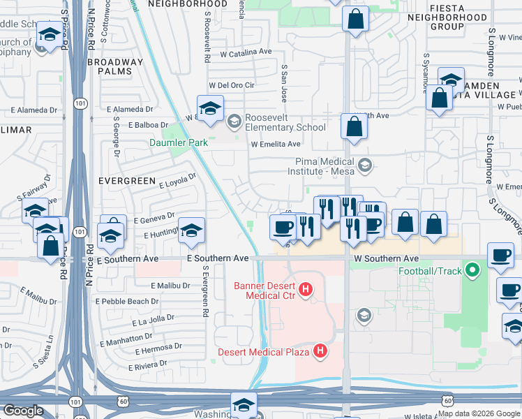 map of restaurants, bars, coffee shops, grocery stores, and more near 2233 West Farmdale Avenue in Mesa
