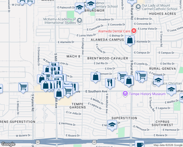 map of restaurants, bars, coffee shops, grocery stores, and more near 335 East Fairmont Drive in Tempe