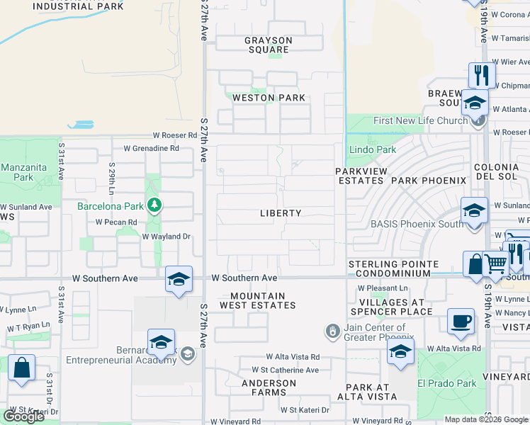 map of restaurants, bars, coffee shops, grocery stores, and more near 2515 West Sunland Avenue in Phoenix