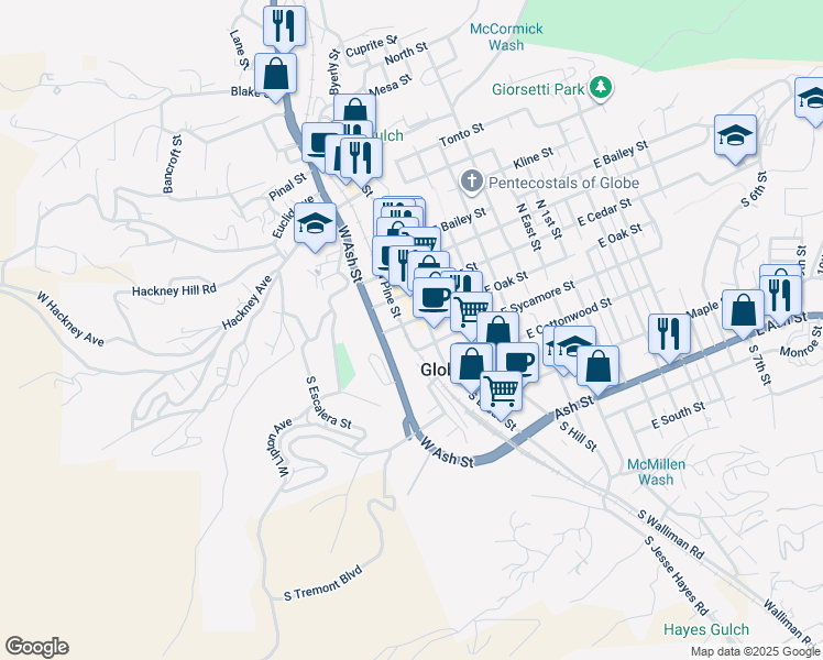 map of restaurants, bars, coffee shops, grocery stores, and more near 101 South Broad Street in Globe