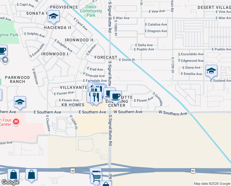 map of restaurants, bars, coffee shops, grocery stores, and more near 10828 East Florian Avenue in Mesa