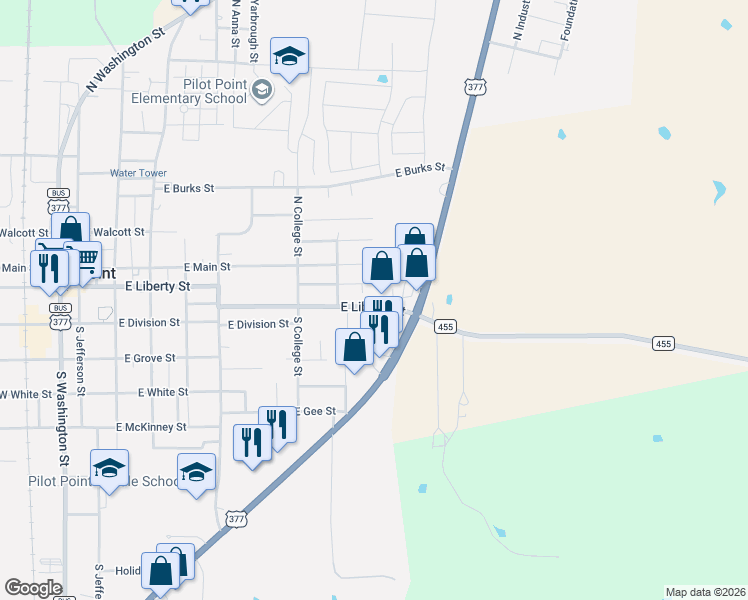 map of restaurants, bars, coffee shops, grocery stores, and more near 733 East Roewe Street in Pilot Point