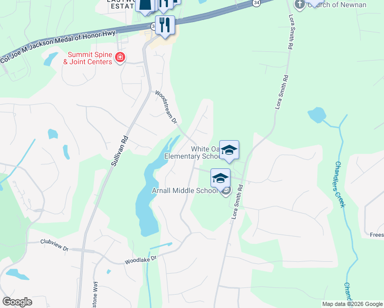 map of restaurants, bars, coffee shops, grocery stores, and more near 20 Southfield Drive in Newnan