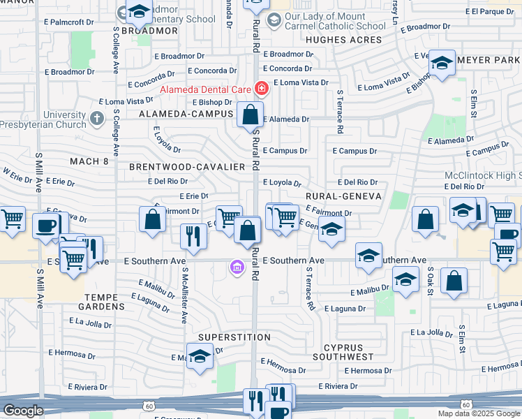 map of restaurants, bars, coffee shops, grocery stores, and more near 3130 South Rural Road in Tempe