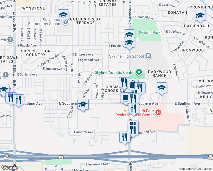 map of restaurants, bars, coffee shops, grocery stores, and more near 1032 South 98th Street in Mesa