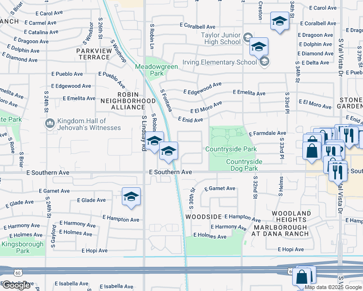 map of restaurants, bars, coffee shops, grocery stores, and more near 2932 East Fairview Avenue in Mesa
