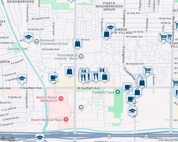 map of restaurants, bars, coffee shops, grocery stores, and more near 1868 Continental Townhouses in Mesa