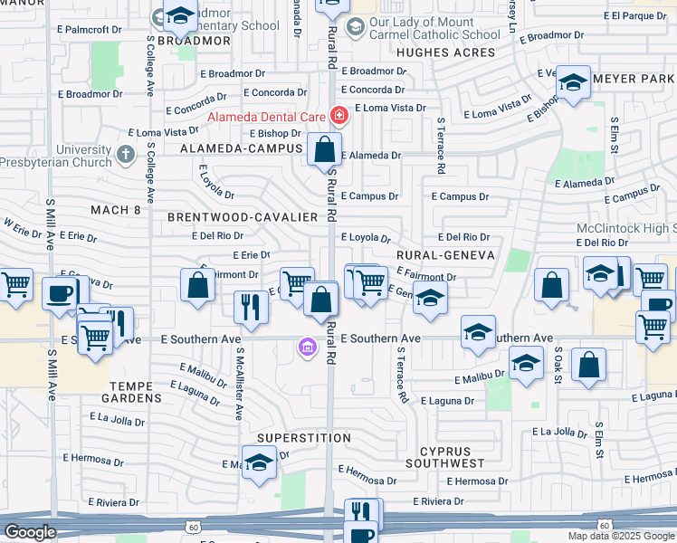 map of restaurants, bars, coffee shops, grocery stores, and more near 3130 South Rural Road in Tempe