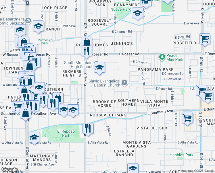 map of restaurants, bars, coffee shops, grocery stores, and more near 5615 South 8th Street in Phoenix