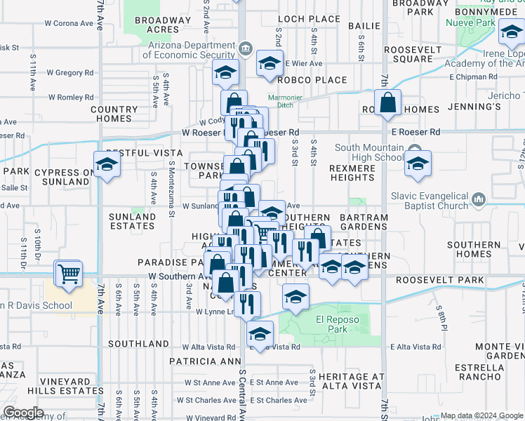 map of restaurants, bars, coffee shops, grocery stores, and more near 10 East Sunland Avenue in Phoenix
