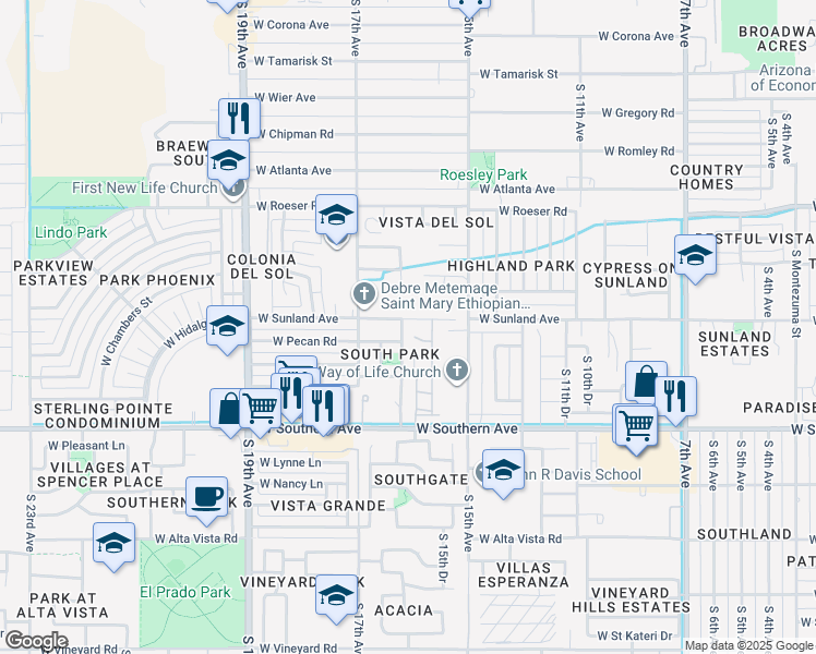 map of restaurants, bars, coffee shops, grocery stores, and more near 1623 West Sunland Avenue in Phoenix