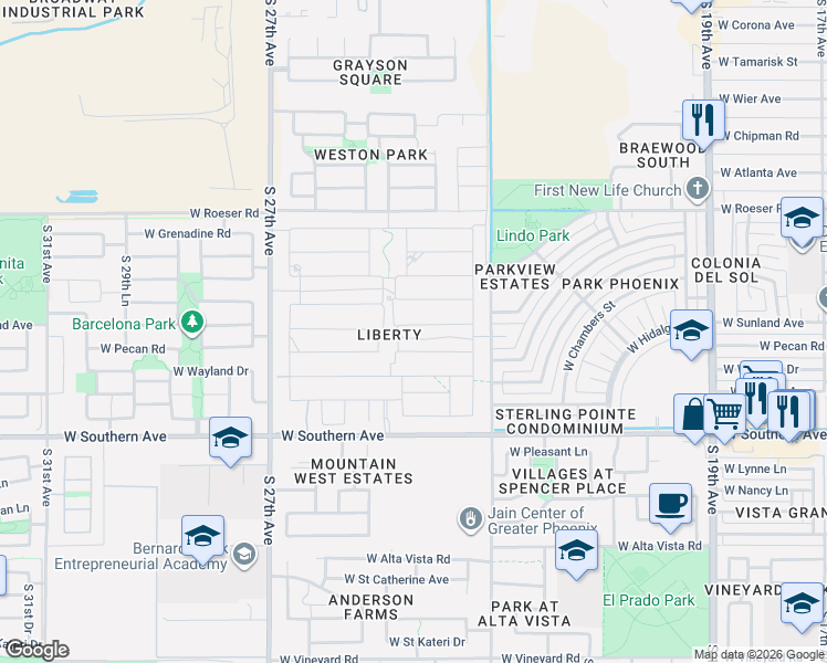 map of restaurants, bars, coffee shops, grocery stores, and more near 2453 Fraktur Road in Phoenix