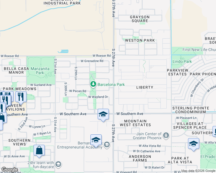 map of restaurants, bars, coffee shops, grocery stores, and more near 2720 West Sunland Avenue in Phoenix