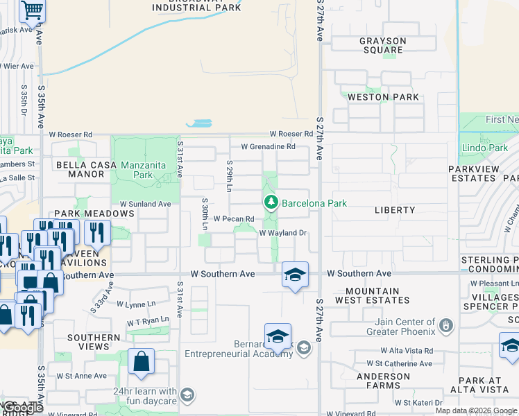 map of restaurants, bars, coffee shops, grocery stores, and more near 2830 West Sunland Avenue in Phoenix
