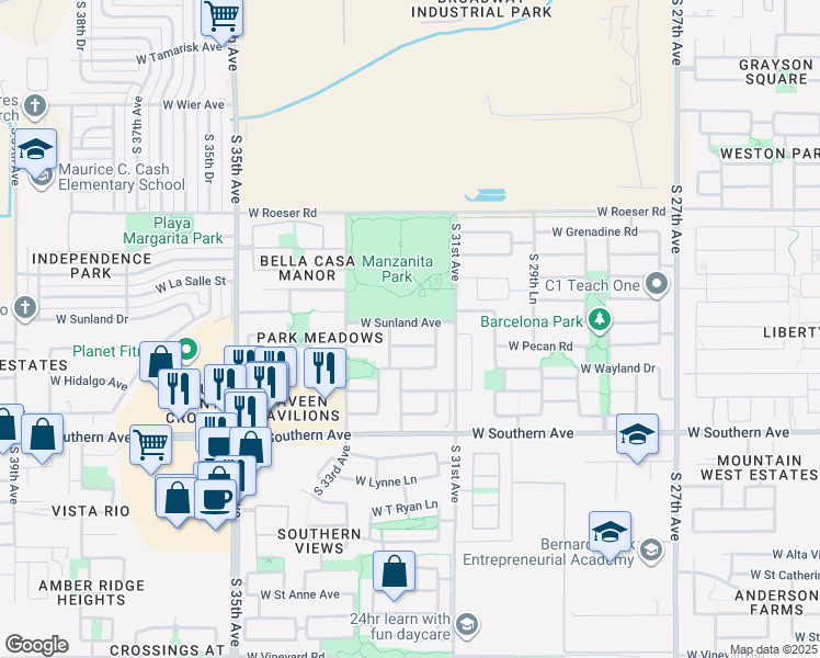 map of restaurants, bars, coffee shops, grocery stores, and more near 3133 West Sunland Avenue in Phoenix