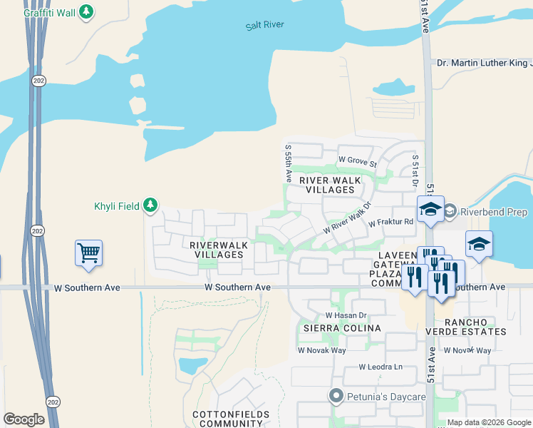 map of restaurants, bars, coffee shops, grocery stores, and more near 5607 South 55th Lane in Phoenix