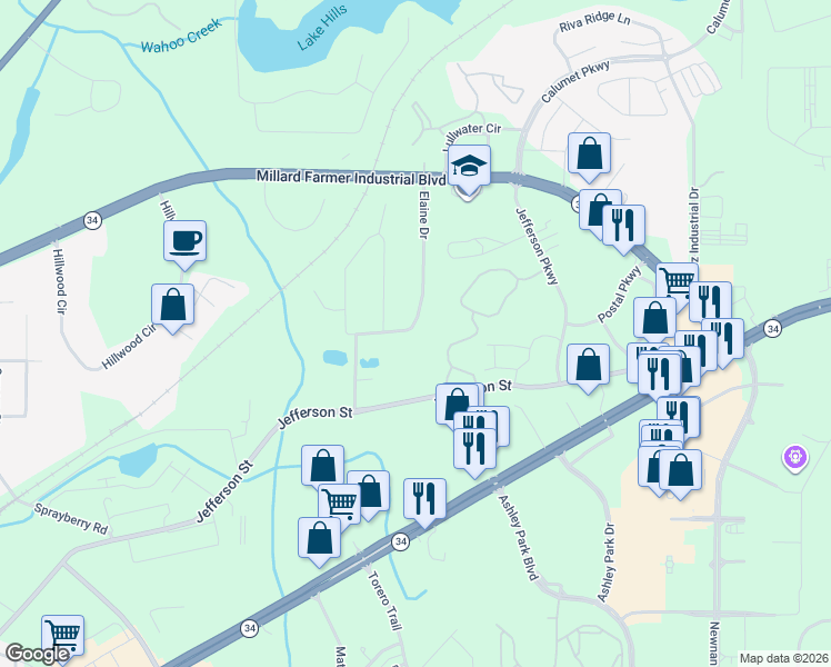 map of restaurants, bars, coffee shops, grocery stores, and more near 9 Elaine Drive in Newnan