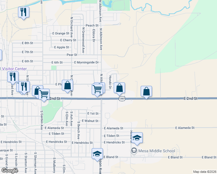 map of restaurants, bars, coffee shops, grocery stores, and more near 301-399 North Atkinson Avenue in Roswell